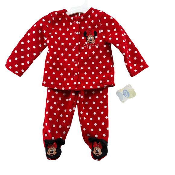 Disney Minnie Mouse 3-6M Outfit Red Polka Dot Snap Button Fleece Footed Pant NWT - Picture 2 of 9